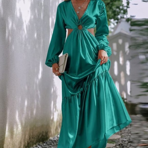 Contemporary modern Cut Out Lantern Sleeve Satin D - Picture 3 of 6